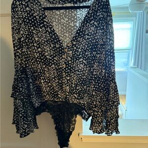 Free People Black and White Floral Bodysuit